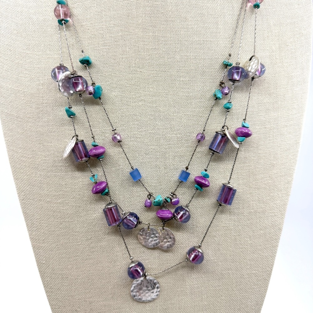 Multi-Strand Layered Purple Bead Necklace Faux Turquoise Festival Jewelry Women